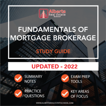 The image shows the title "Fundamentals of Mortgage Brokerage - Study Guide" that refers to a product that offers study guides for the Fundamentals of Mortgage Brokerage Licensing Course in Alberta by Alberta Real Estate School.