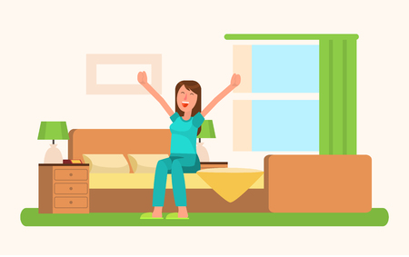 An illustration of a woman getting up from bed happily and fresh. 