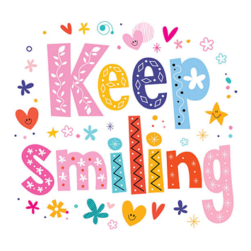 A colorful sticker with stars and flowers that reads "Keep Smiling".