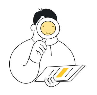 An illustration of a male figure trying to read information from a bunch of papers with a magnifying glass. 