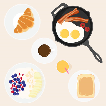 An Illustration of a breakfast platter showing basic breakfast items such as bread with peanut butter, milk, tea, fruits, eggs meat, etc.    