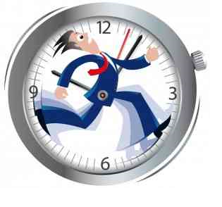 An illustration image that shows a wall clock and a man with ties running inside the clock. 