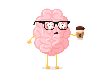 A Illustration of a brain that has eyes that are puffy and a cup of coffee in his hand.  