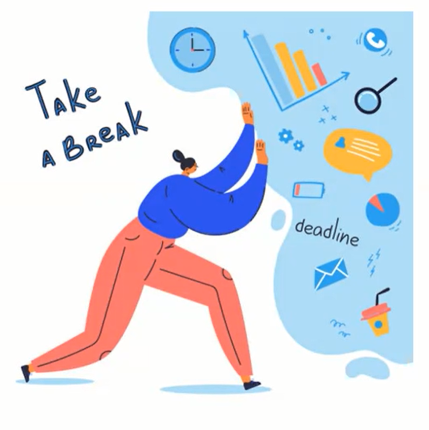 An illustration of a girl pushing all the work related things like projects, deadlines, studies, time table, etc. to the side and emphasizes on taking a break. 