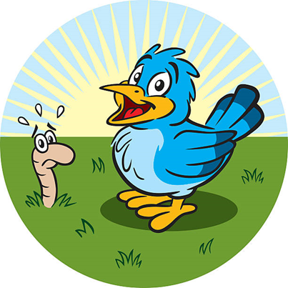 An Illustration of the "early bird gets the worm" saying which shows a cartoon picture of a bird on the ground with sun rising above the horizon in the background and a worm getting out of the ground startled from the bird.  