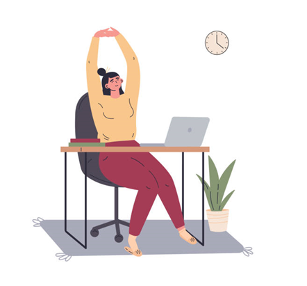 An illustration of a girl trying to work on a desk on her laptop and is stretching her hands and legs to get fresh.  