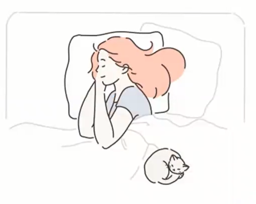 A girl sleeping peacefully on the bed with a cat sleeping on her side. 