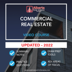 The image shows the title "Commercial Real Estate - Video Course" that refers to a product that offers video guides for the Commercial Real Estate Licensing Course in Alberta by Alberta Real Estate School.