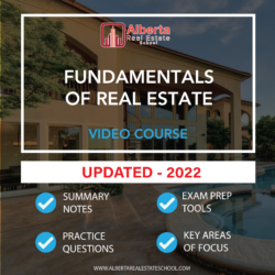 The image shows the title "Fundamentals of Real Estate - Video Course" that refers to a product that offers video guides for the Fundamentals of Real Estate Licensing Course in Alberta by Alberta Real Estate School.