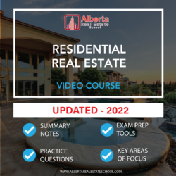 The image shows the title "Residential Real Estate - Video Course" that refers to a product that offers video guides for the Residential Real Estate Licensing Course in Alberta by Alberta Real Estate School.